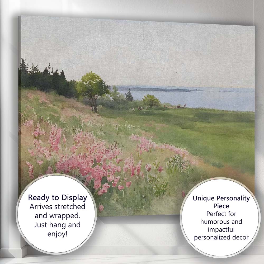 Soft Watercolour Pink Coastal Wildflower Meadow Landscape Canvas Wall Art Print Decor Picture Ready to Hang