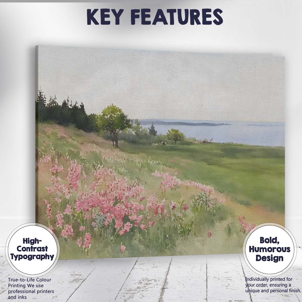 Soft Watercolour Pink Coastal Wildflower Meadow Landscape Canvas Wall Art Print Decor Picture Ready to Hang