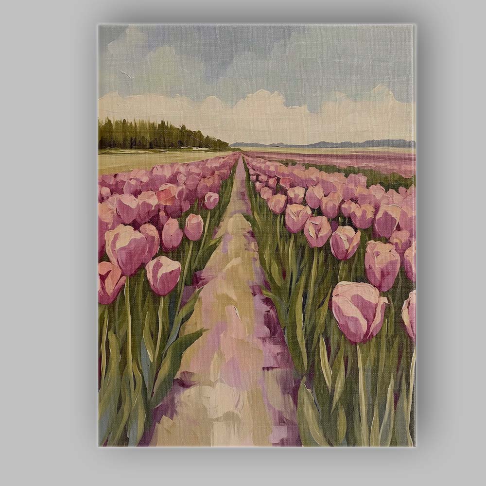 Abstract Impressionist Pink Tulip Field Spring Floral Landscape Canvas Wall Art Print Decor Picture Ready to Hang