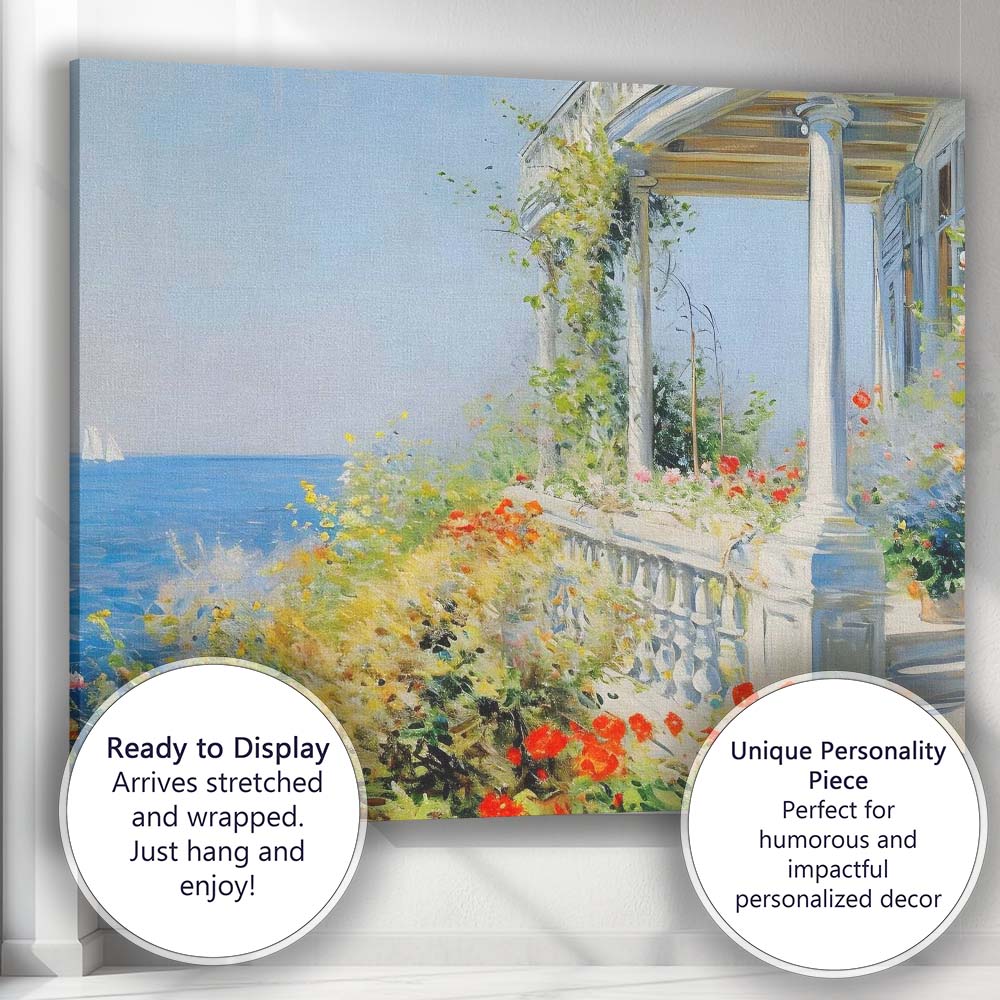 Coastal Garden Terrace Ocean View Impressionist Canvas Wall Art Print Decor Picture Ready to Hang
