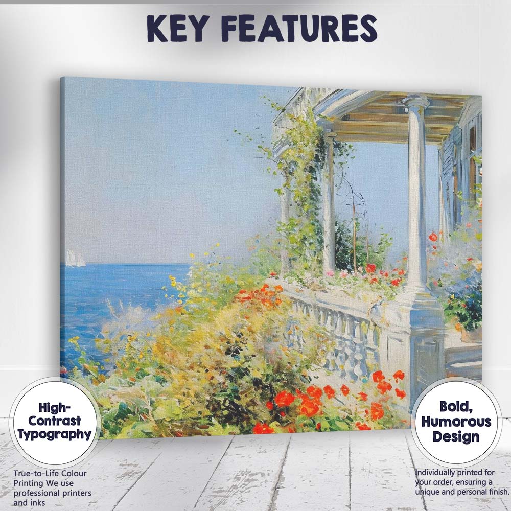 Coastal Garden Terrace Ocean View Impressionist Canvas Wall Art Print Decor Picture Ready to Hang