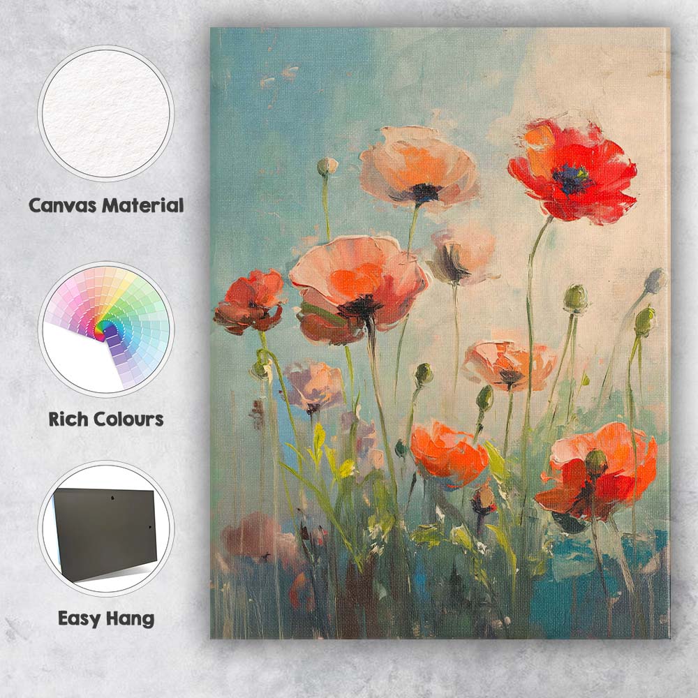 Soft Coral Red Poppy Floral Impressionist Canvas Wall Art Print Decor Picture Ready to Hang