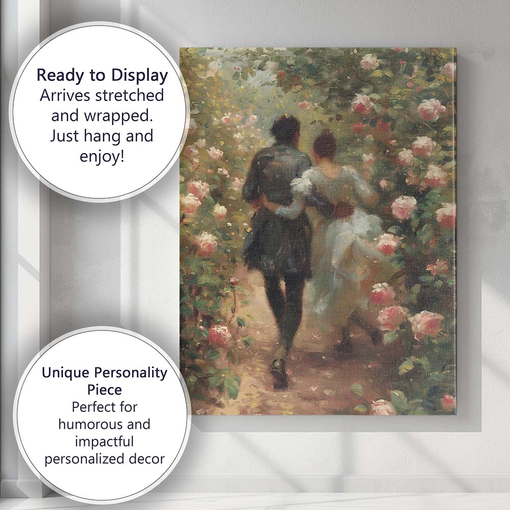 Romantic Couple Walking Through Blooming Rose Garden Impressionist Canvas Wall Art Print Decor Picture Ready to Hang