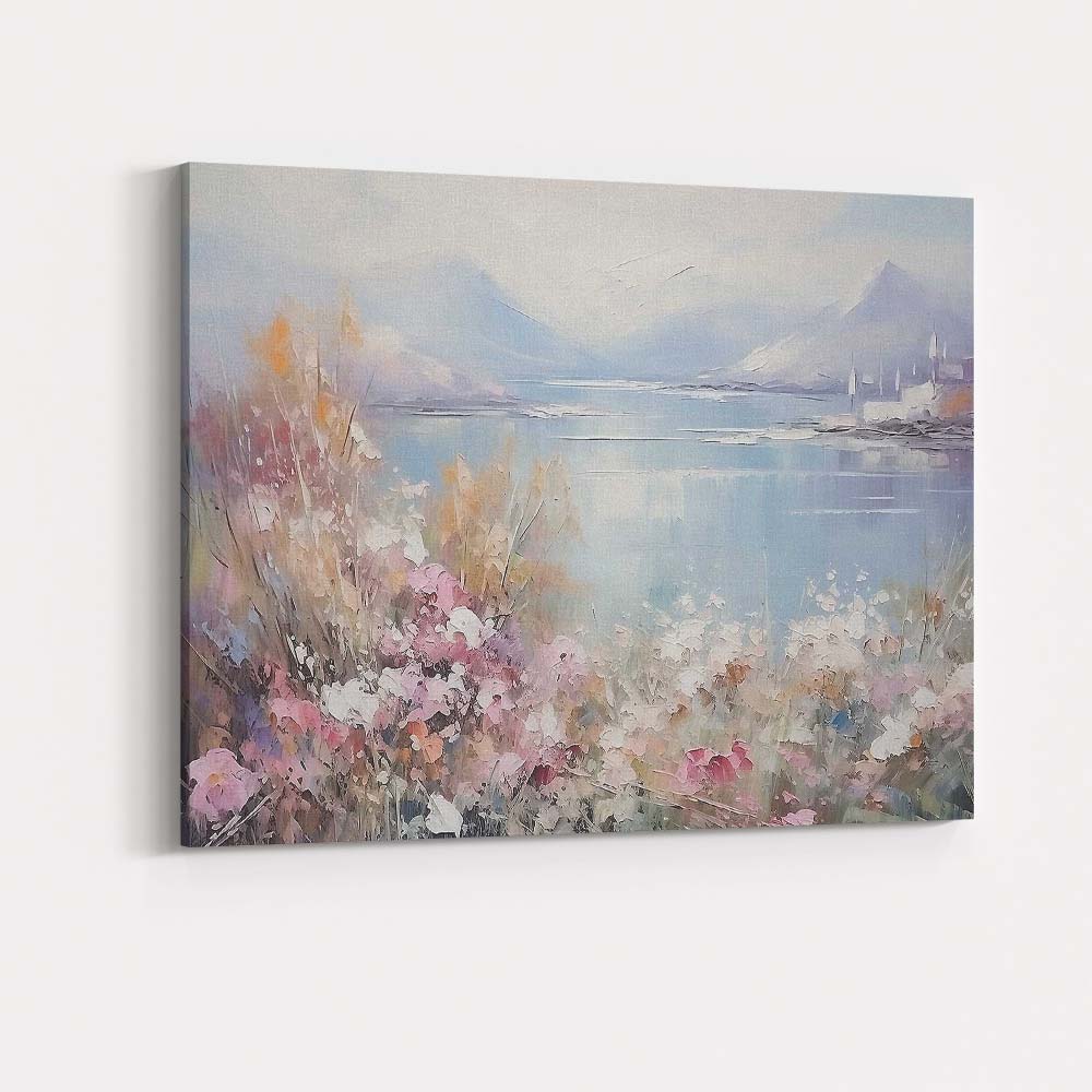 Pastel Mountain Lake Wildflower Meadow Impressionist Landscape Canvas Wall Art Print Decor Picture Ready to Hang