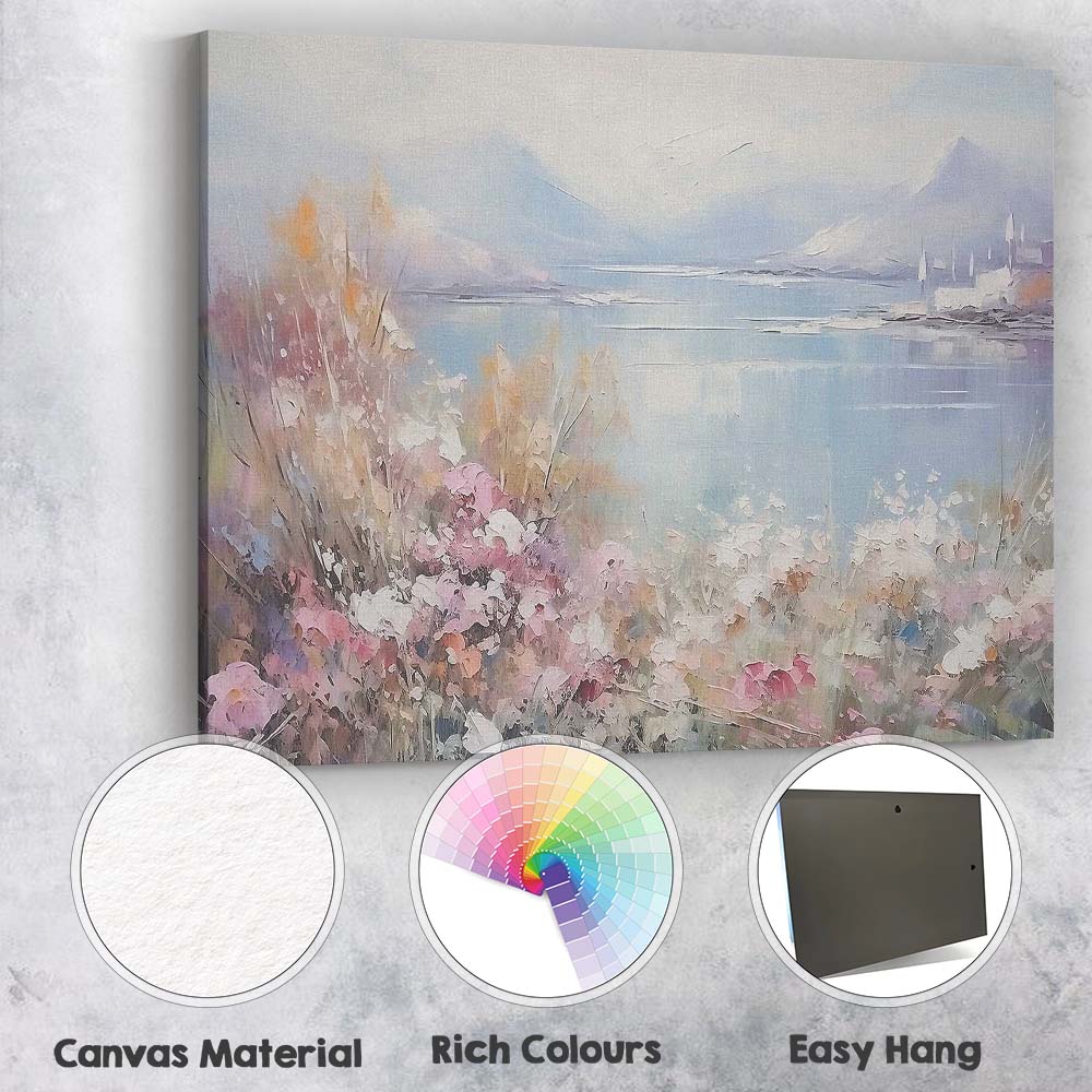 Pastel Mountain Lake Wildflower Meadow Impressionist Landscape Canvas Wall Art Print Decor Picture Ready to Hang