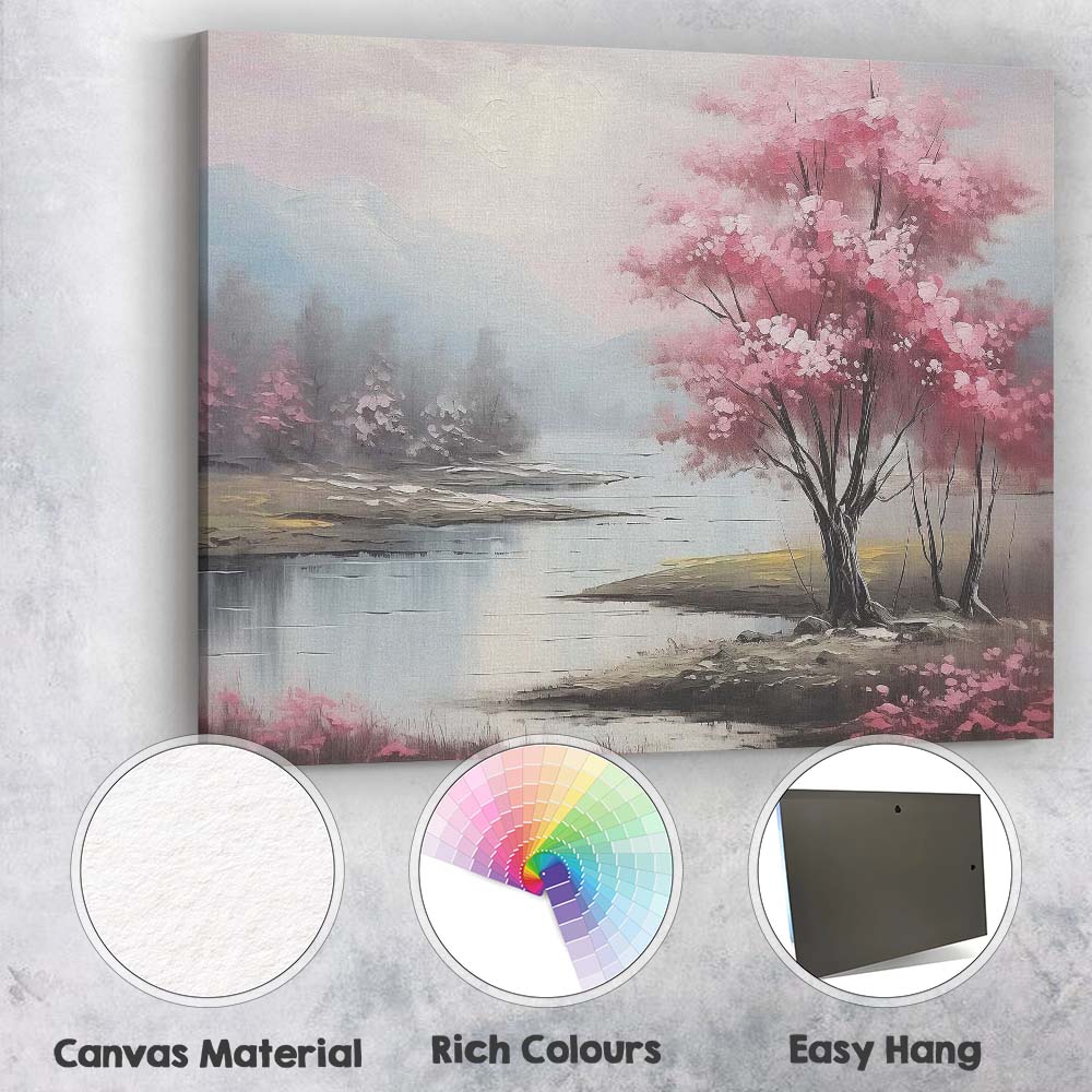 Pink Blossom Tree Serene Lakeside Mountain Landscape Canvas Wall Art Print Decor Picture Ready to Hang