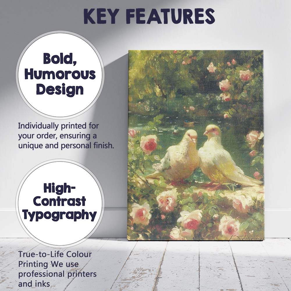 Romantic White Doves Rose Garden Floral Nature Canvas Wall Art Print Decor Picture Ready to Hang