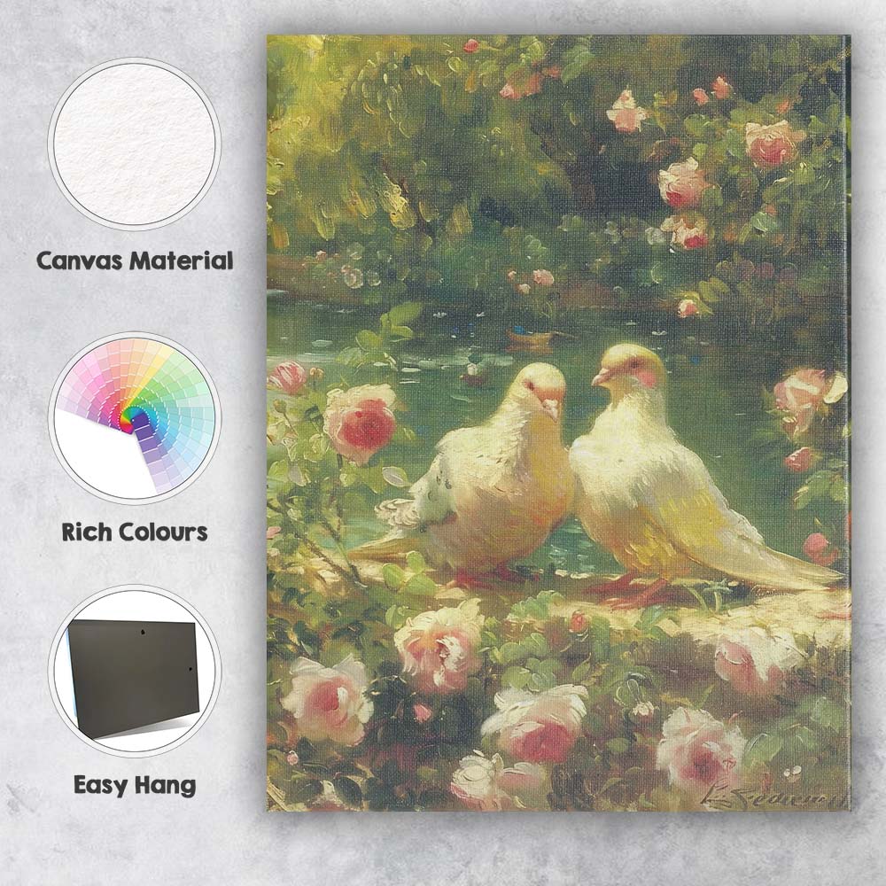 Romantic White Doves Rose Garden Floral Nature Canvas Wall Art Print Decor Picture Ready to Hang