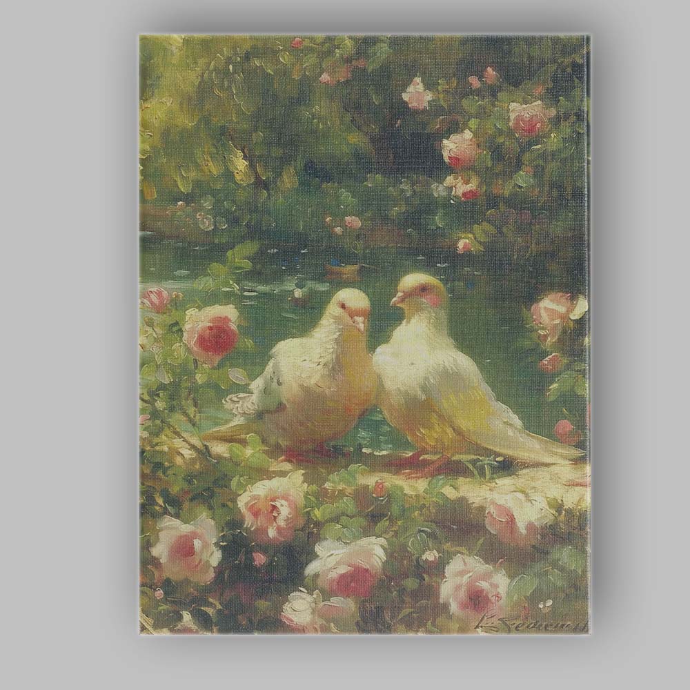Romantic White Doves Rose Garden Floral Nature Canvas Wall Art Print Decor Picture Ready to Hang