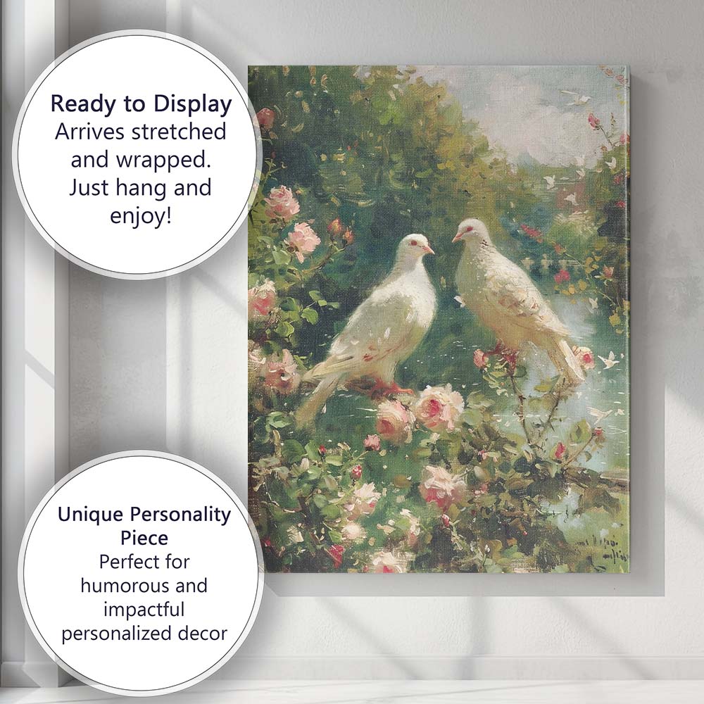 White Doves Tranquil Garden Pond Floral Impressionist Canvas Wall Art Print Decor Picture Ready to Hang
