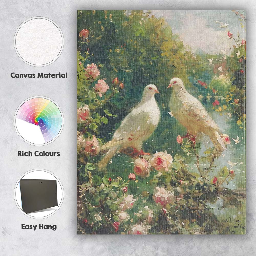White Doves Tranquil Garden Pond Floral Impressionist Canvas Wall Art Print Decor Picture Ready to Hang