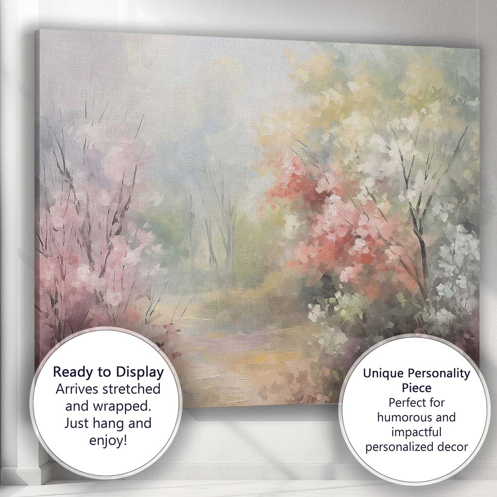 Impressionist Spring Blossom Garden Pink White Flowering Shrubs Canvas Wall Art Print Decor Picture Ready to Hang