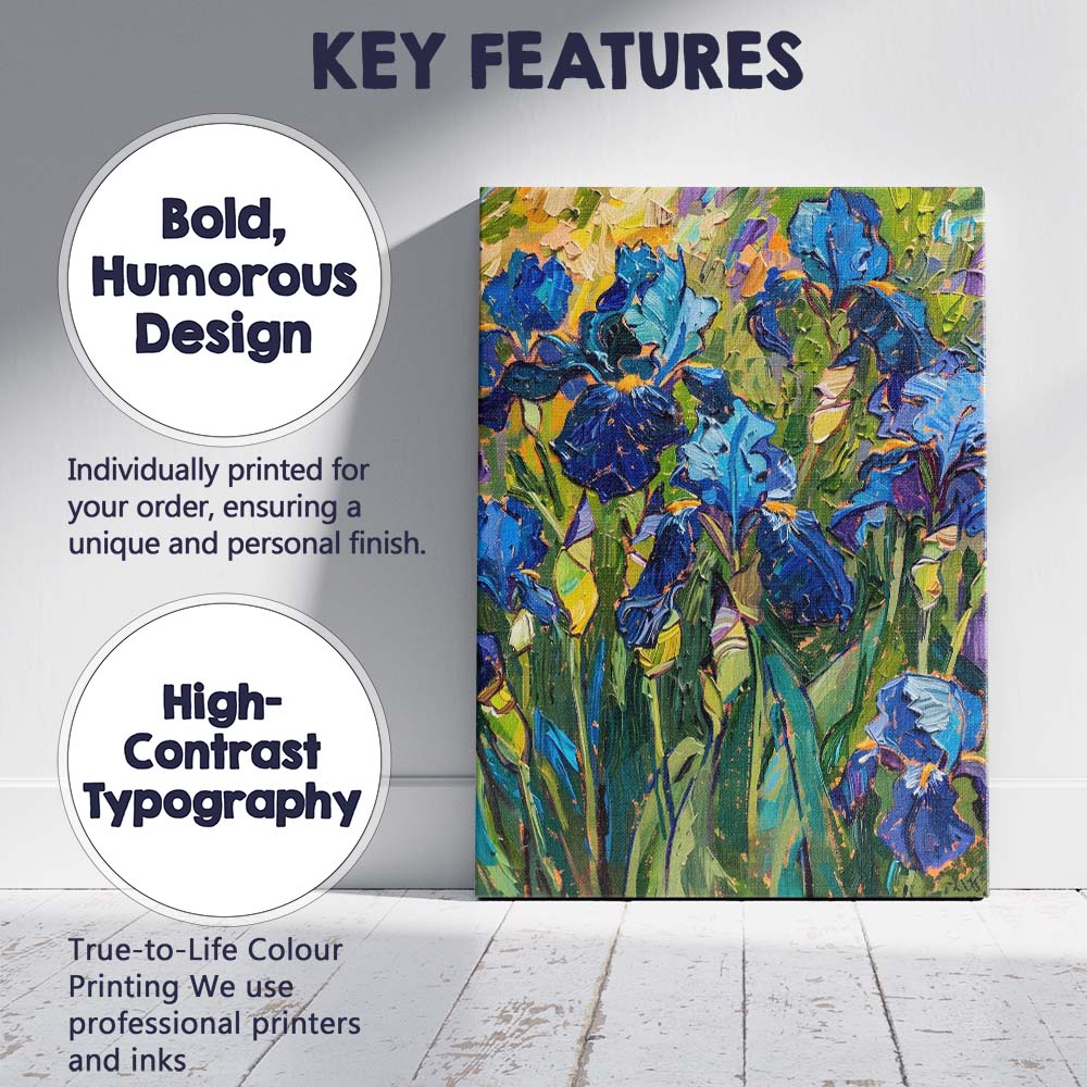 Vibrant Blue Iris Flowers Textured Palette Knife Floral Canvas Wall Art Print Decor Picture Ready to Hang