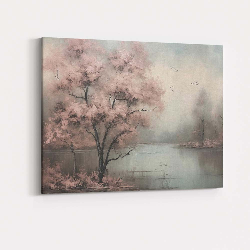 Soft Pink Cherry Blossom Lakeside Misty Landscape Canvas Wall Art Print Decor Picture Ready to Hang