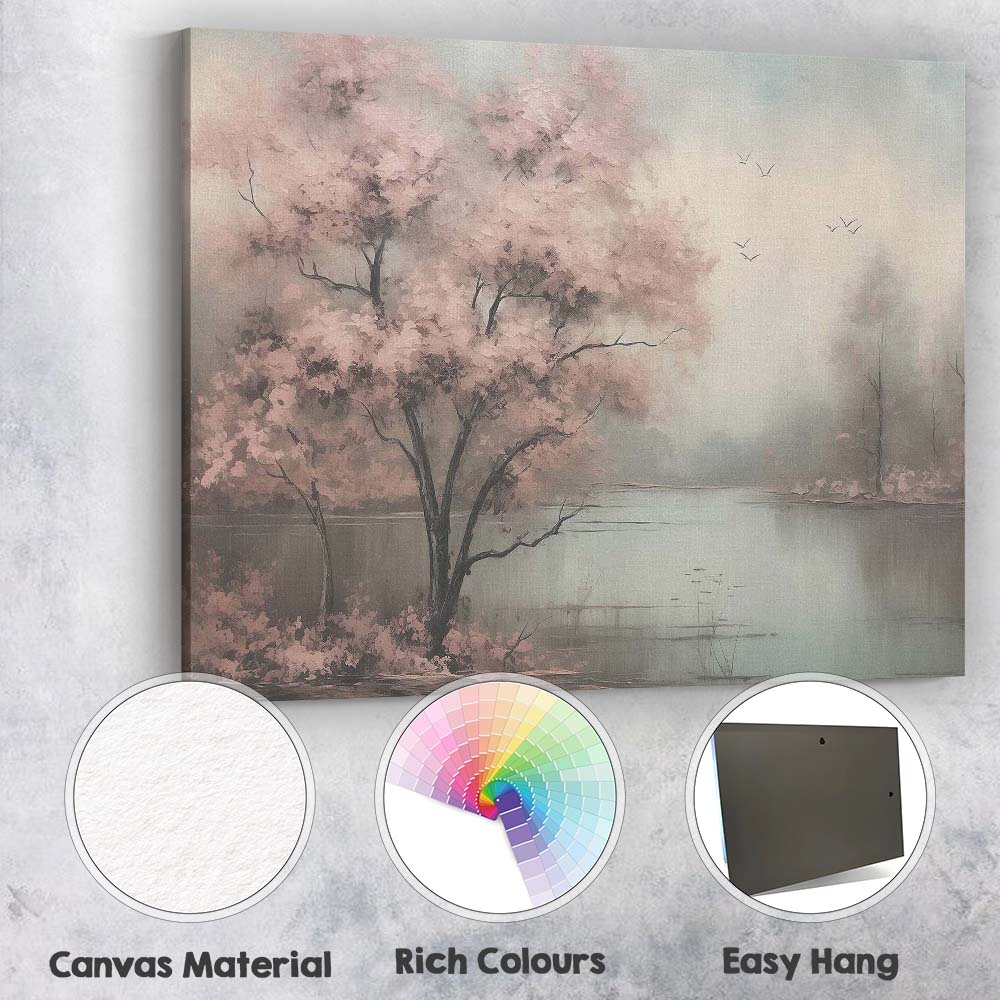 Soft Pink Cherry Blossom Lakeside Misty Landscape Canvas Wall Art Print Decor Picture Ready to Hang