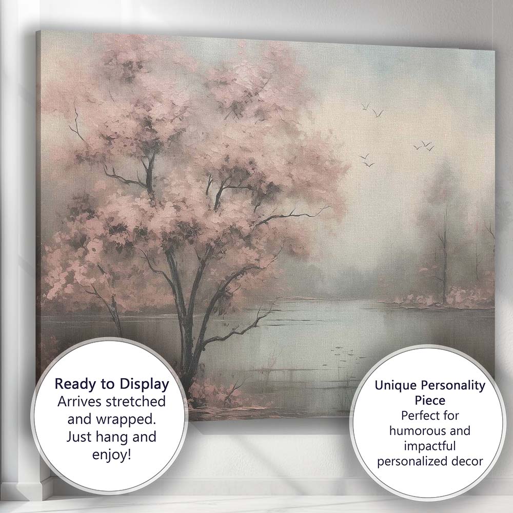 Soft Pink Cherry Blossom Lakeside Misty Landscape Canvas Wall Art Print Decor Picture Ready to Hang