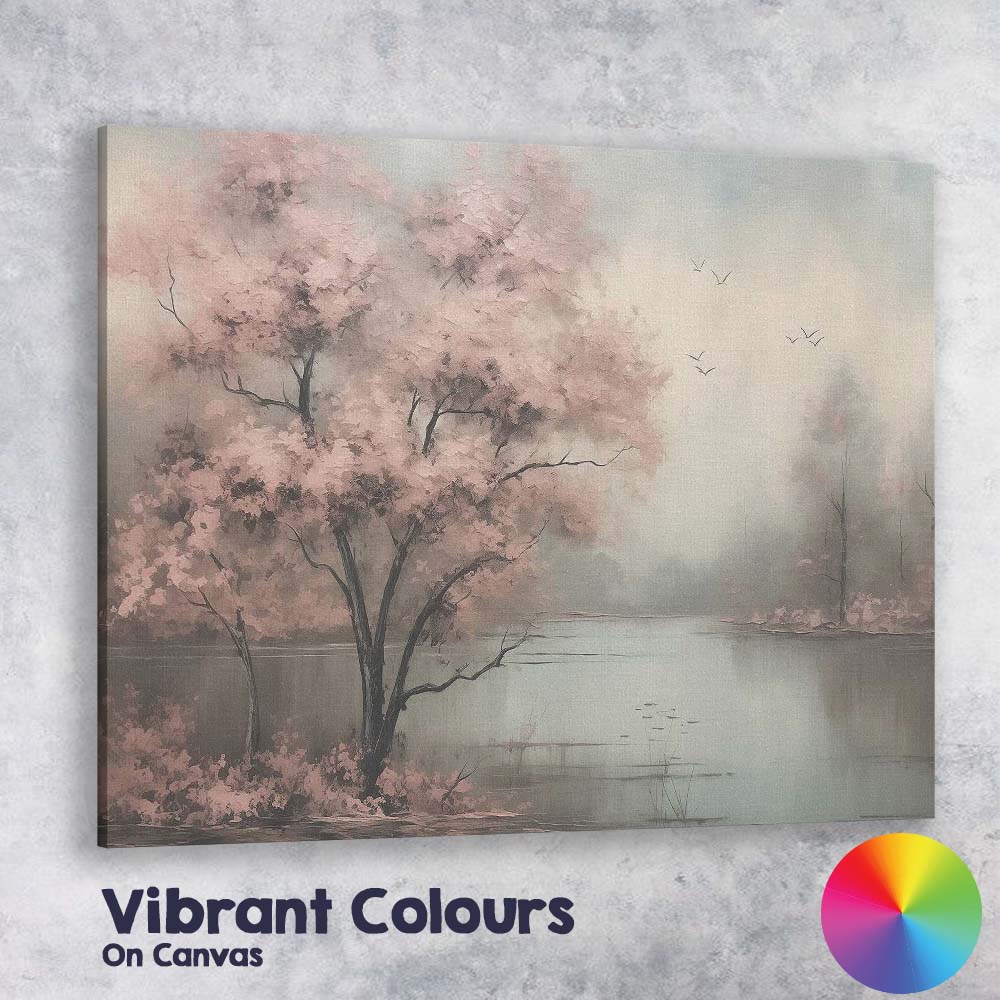 Soft Pink Cherry Blossom Lakeside Misty Landscape Canvas Wall Art Print Decor Picture Ready to Hang