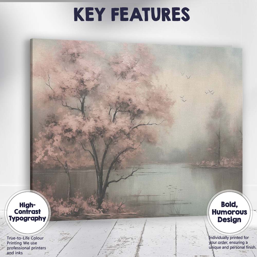 Soft Pink Cherry Blossom Lakeside Misty Landscape Canvas Wall Art Print Decor Picture Ready to Hang
