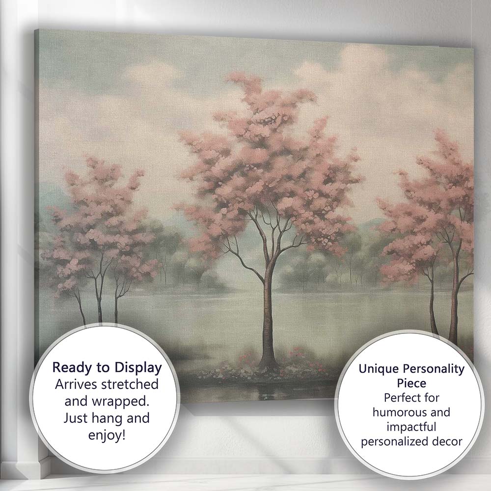 Serene Pink Blossom Trees Tranquil Lake Landscape Canvas Wall Art Print Decor Picture Ready to Hang