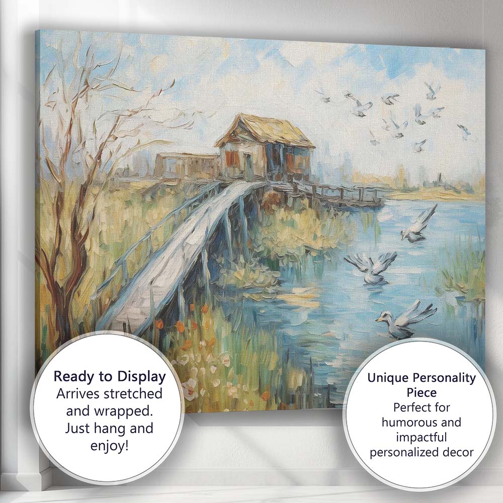 Coastal Wooden Jetty Rustic Fishing Hut Seaside Birds Canvas Wall Art Print Decor Picture Ready to Hang