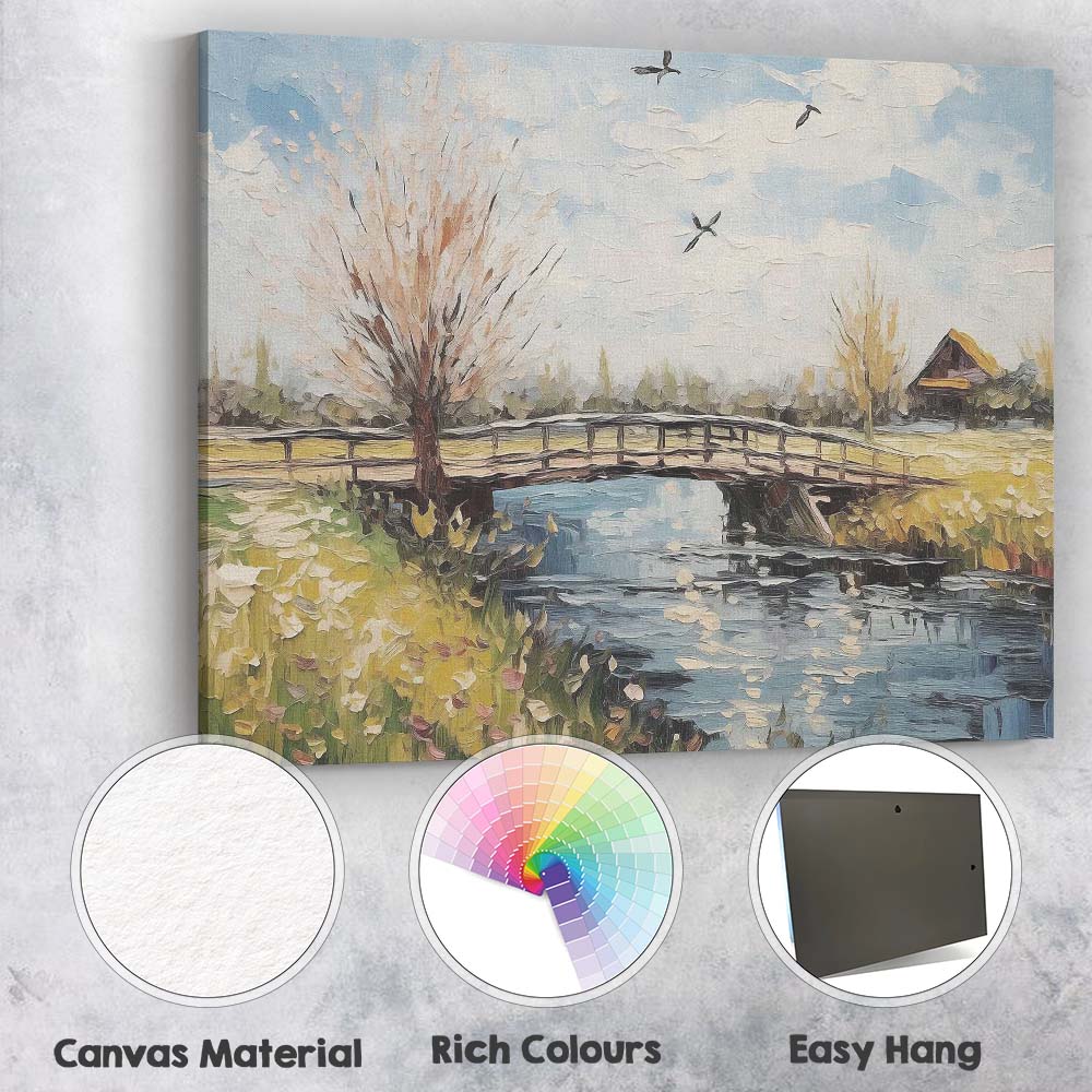 Countryside Wooden Bridge Peaceful River Spring Landscape Canvas Wall Art Print Decor Picture Ready to Hang