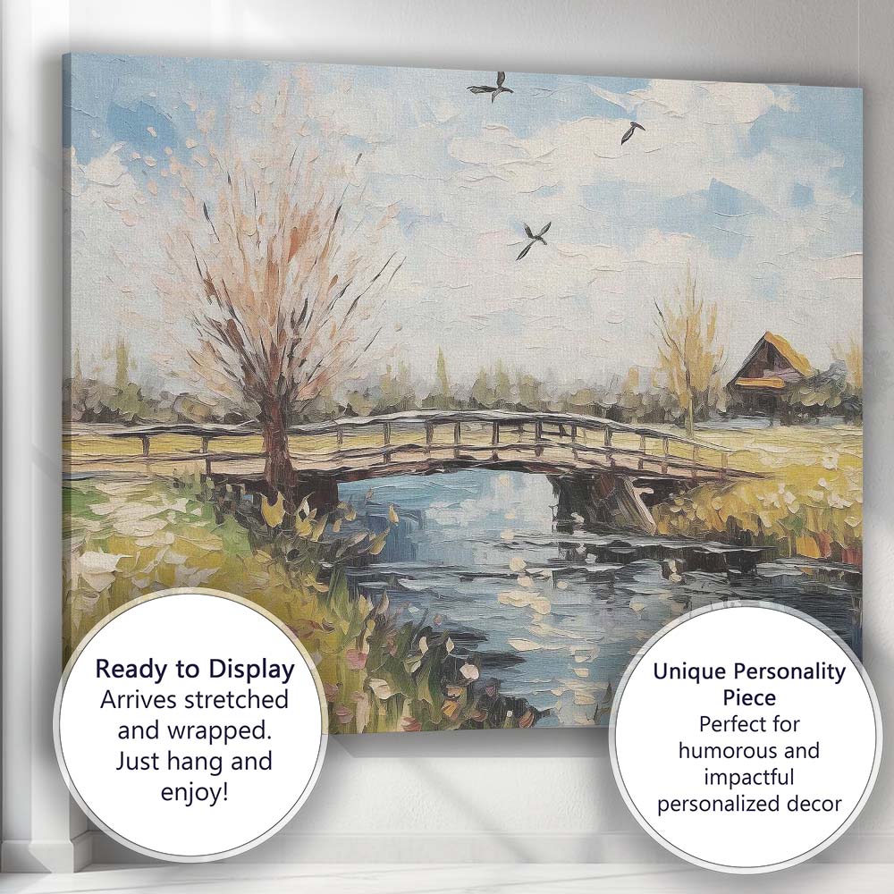 Countryside Wooden Bridge Peaceful River Spring Landscape Canvas Wall Art Print Decor Picture Ready to Hang