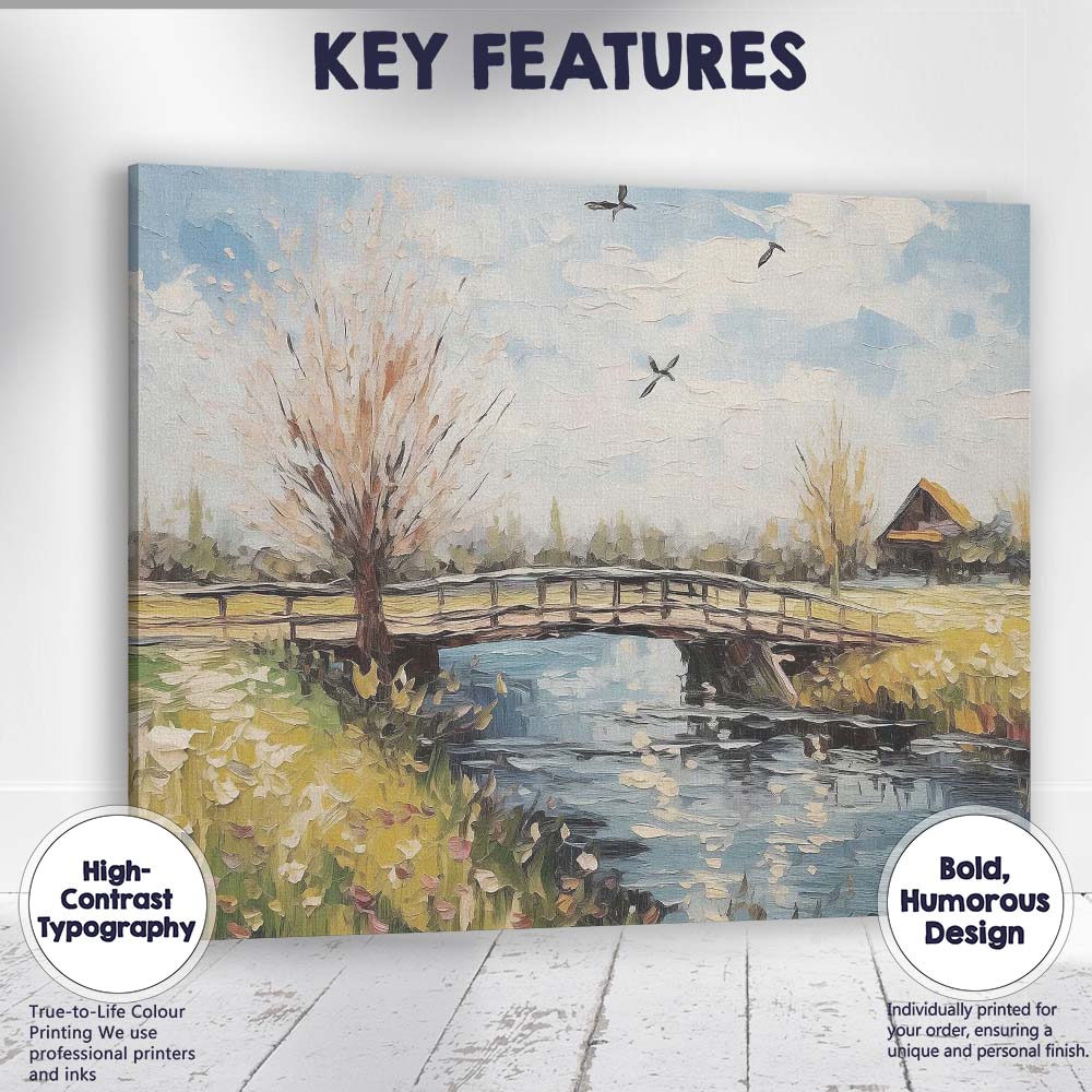 Countryside Wooden Bridge Peaceful River Spring Landscape Canvas Wall Art Print Decor Picture Ready to Hang