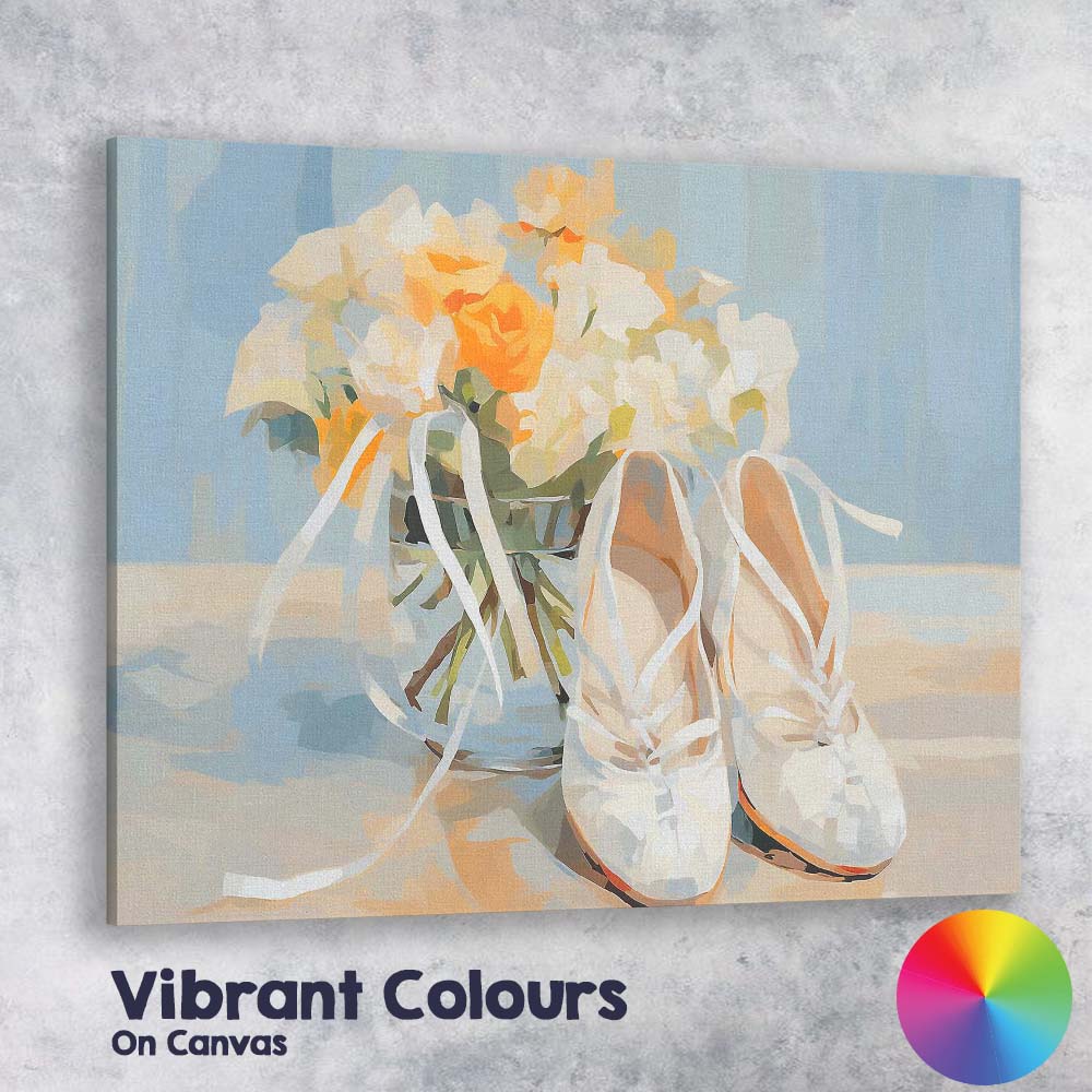 Elegant White Ballet Shoes Floral Bouquet Still Life Canvas Wall Art Print Decor Picture Ready to Hang