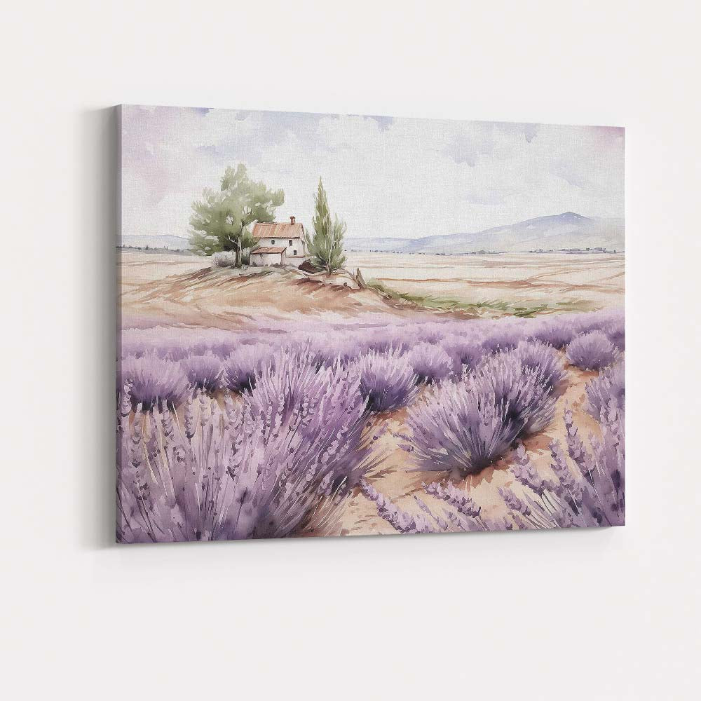 Watercolour Lavender Field Rustic Farmhouse Countryside Canvas Wall Art Print Decor Picture Ready to Hang
