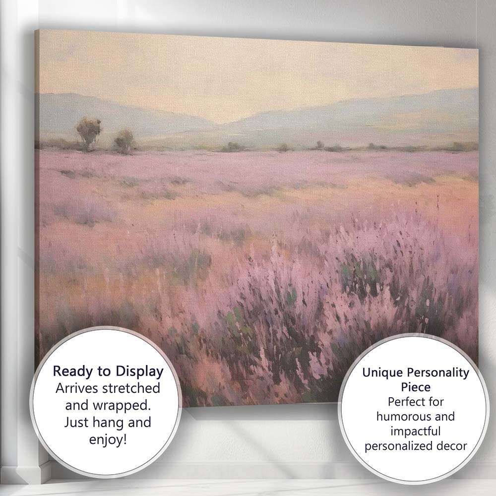 Abstract Pastel Lavender Meadow Misty Mountain Landscape Canvas Wall Art Print Decor Picture Ready to Hang
