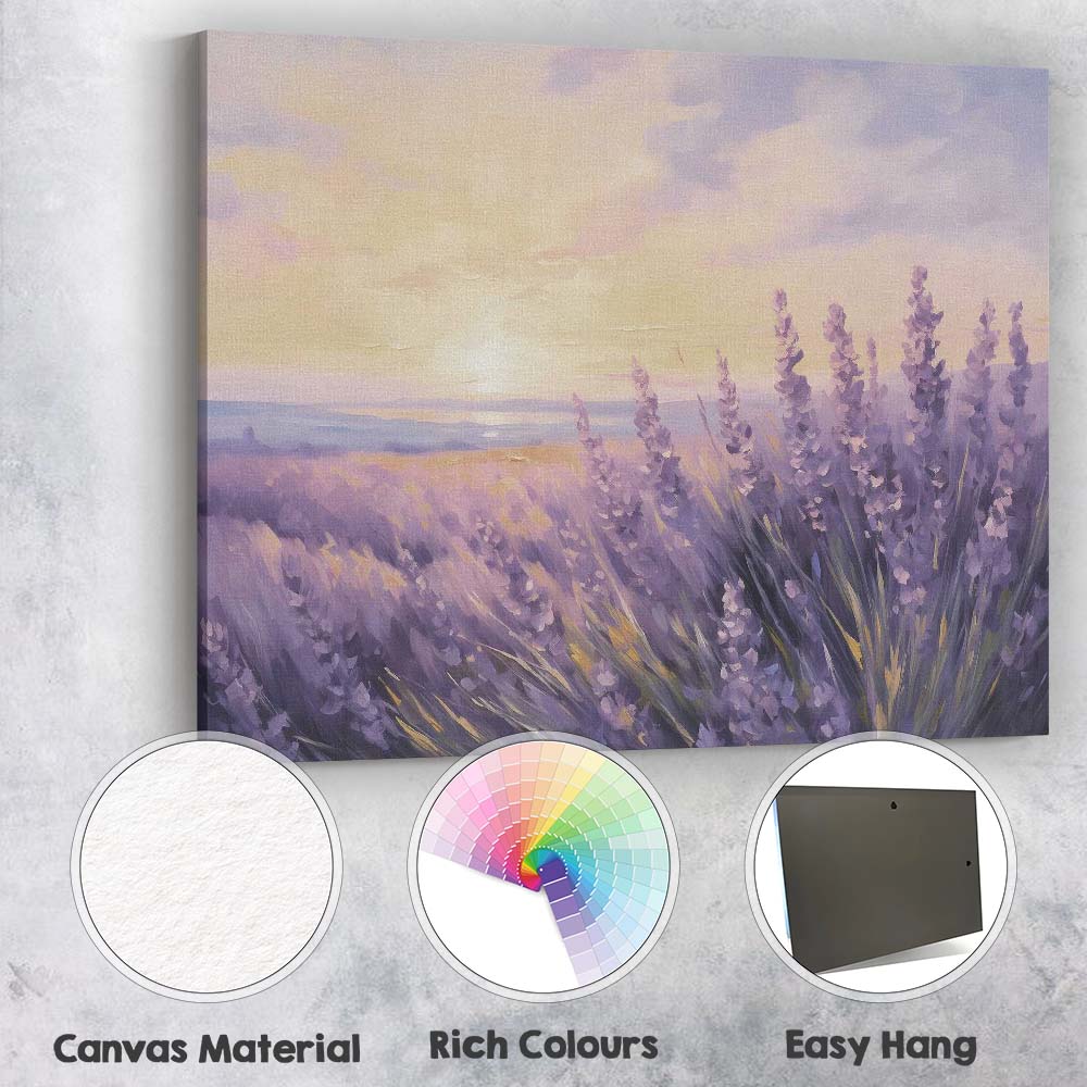 Soft Purple Lavender Field Sunset Horizon Impressionist Canvas Wall Art Print Decor Picture Ready to Hang