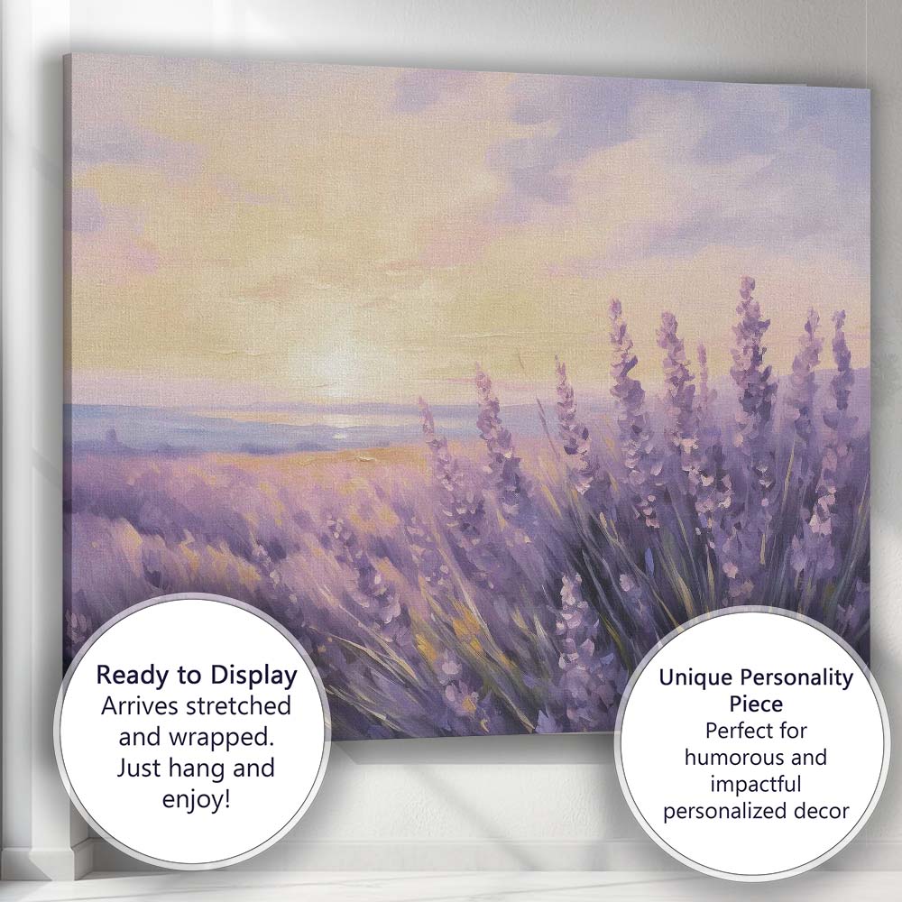 Soft Purple Lavender Field Sunset Horizon Impressionist Canvas Wall Art Print Decor Picture Ready to Hang