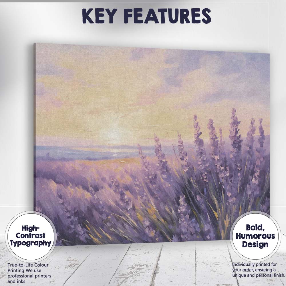 Soft Purple Lavender Field Sunset Horizon Impressionist Canvas Wall Art Print Decor Picture Ready to Hang