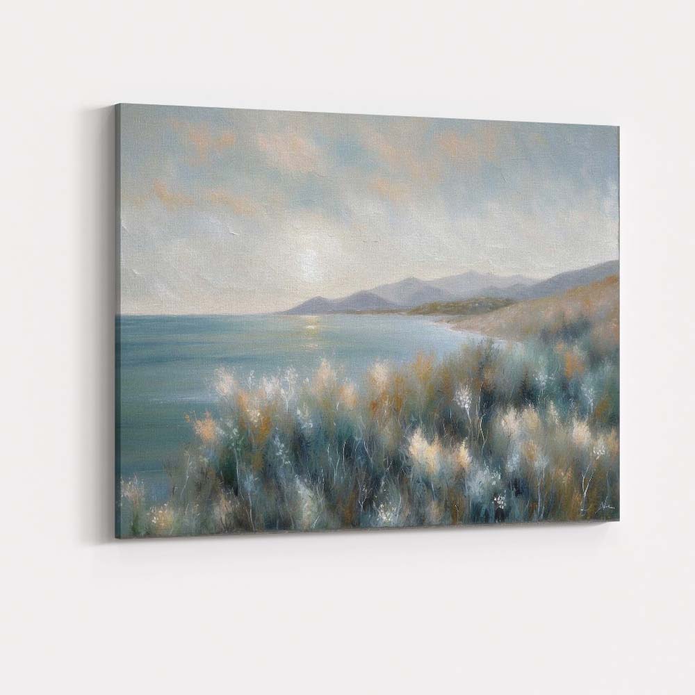 Serene Coastal Wildflower Meadow Mountain Lake Landscape Canvas Wall Art Print Decor Picture Ready to Hang