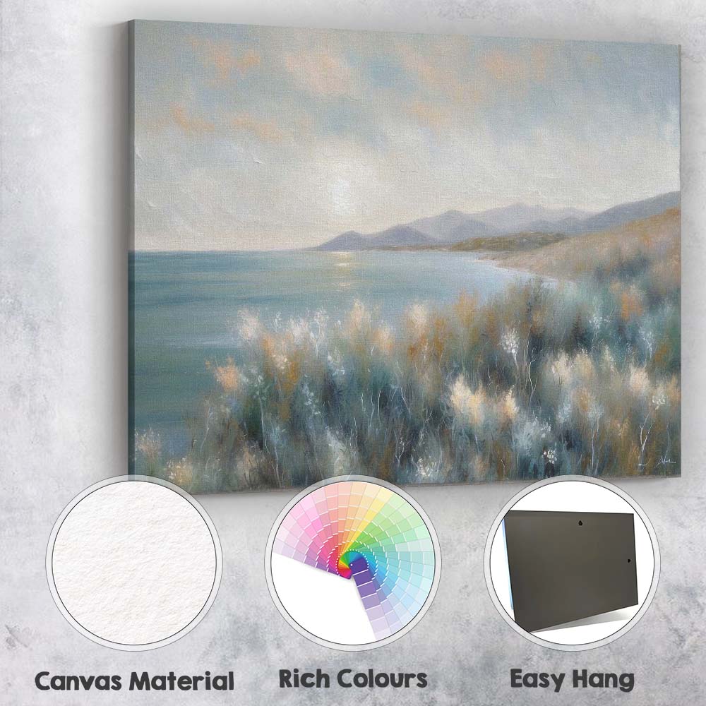 Serene Coastal Wildflower Meadow Mountain Lake Landscape Canvas Wall Art Print Decor Picture Ready to Hang