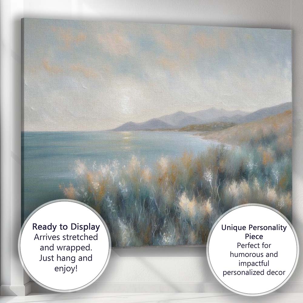 Serene Coastal Wildflower Meadow Mountain Lake Landscape Canvas Wall Art Print Decor Picture Ready to Hang