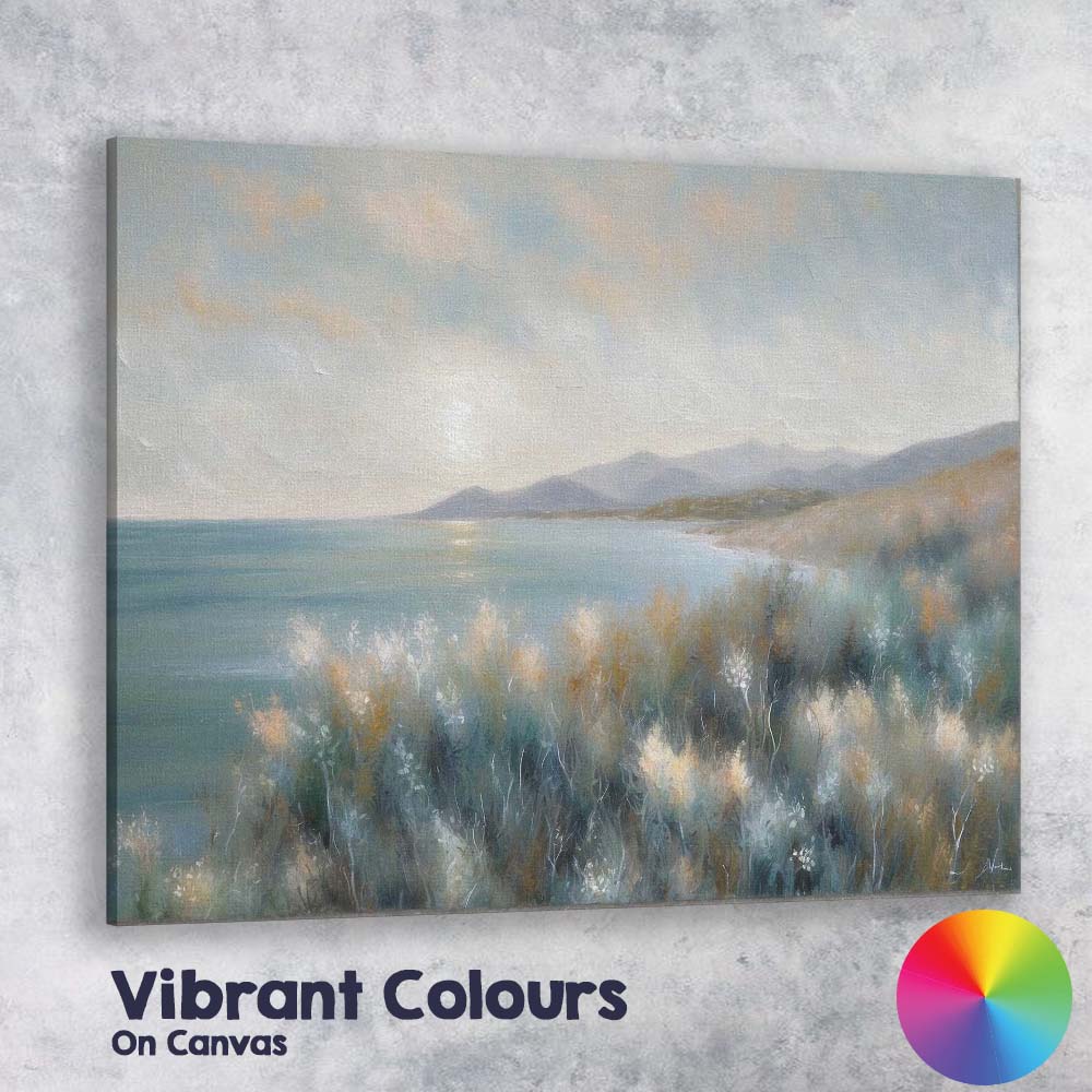 Serene Coastal Wildflower Meadow Mountain Lake Landscape Canvas Wall Art Print Decor Picture Ready to Hang