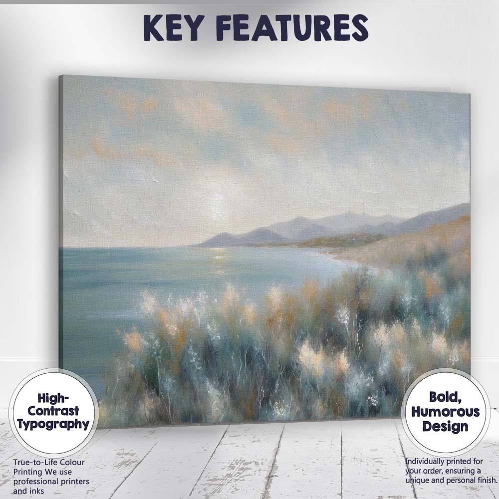 Serene Coastal Wildflower Meadow Mountain Lake Landscape Canvas Wall Art Print Decor Picture Ready to Hang