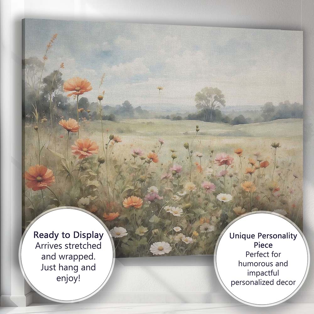 Soft Pastel Wildflower Meadow Countryside Landscape Canvas Wall Art Print Decor Picture Ready to Hang