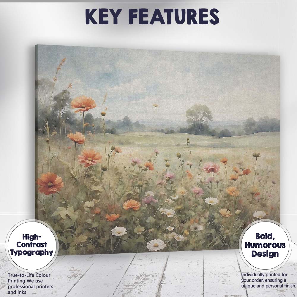 Soft Pastel Wildflower Meadow Countryside Landscape Canvas Wall Art Print Decor Picture Ready to Hang