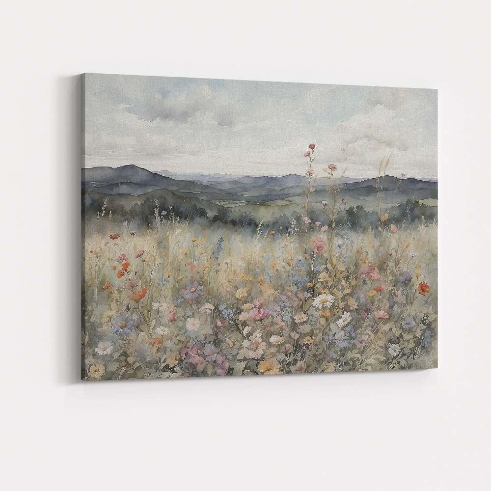 Watercolour Wildflower Field Rolling Hills Countryside Landscape Canvas Wall Art Print Decor Picture Ready to Hang