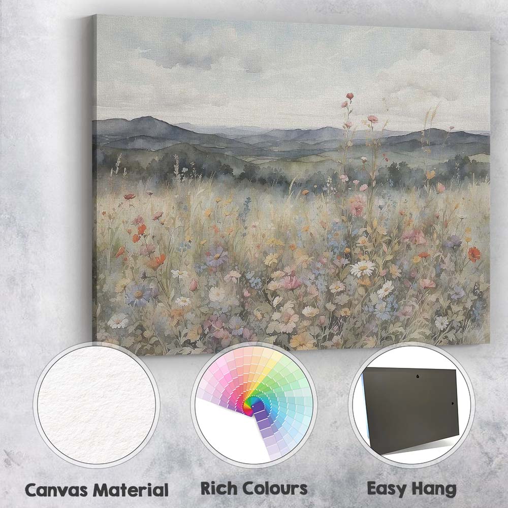 Watercolour Wildflower Field Rolling Hills Countryside Landscape Canvas Wall Art Print Decor Picture Ready to Hang