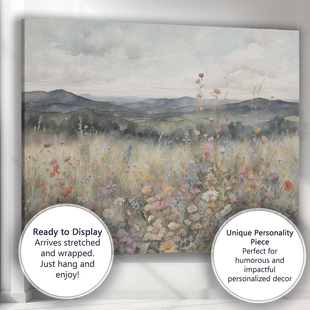 Watercolour Wildflower Field Rolling Hills Countryside Landscape Canvas Wall Art Print Decor Picture Ready to Hang