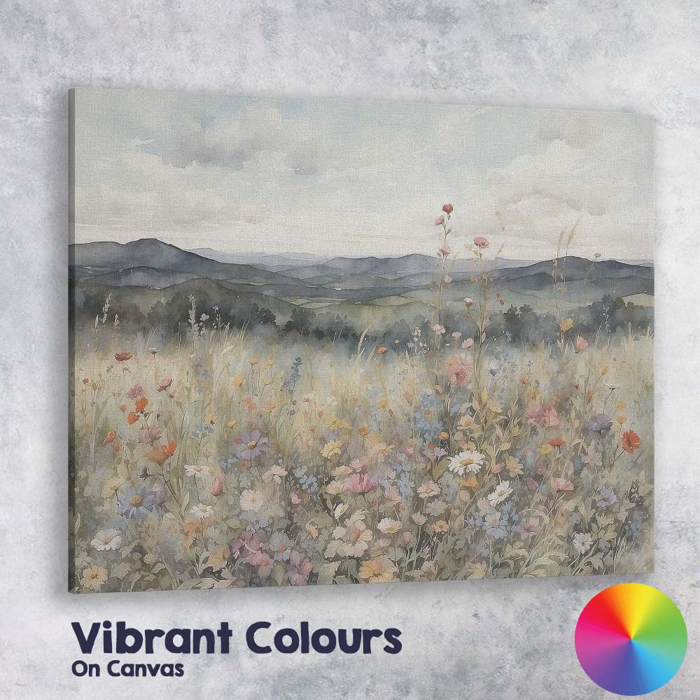 Watercolour Wildflower Field Rolling Hills Countryside Landscape Canvas Wall Art Print Decor Picture Ready to Hang