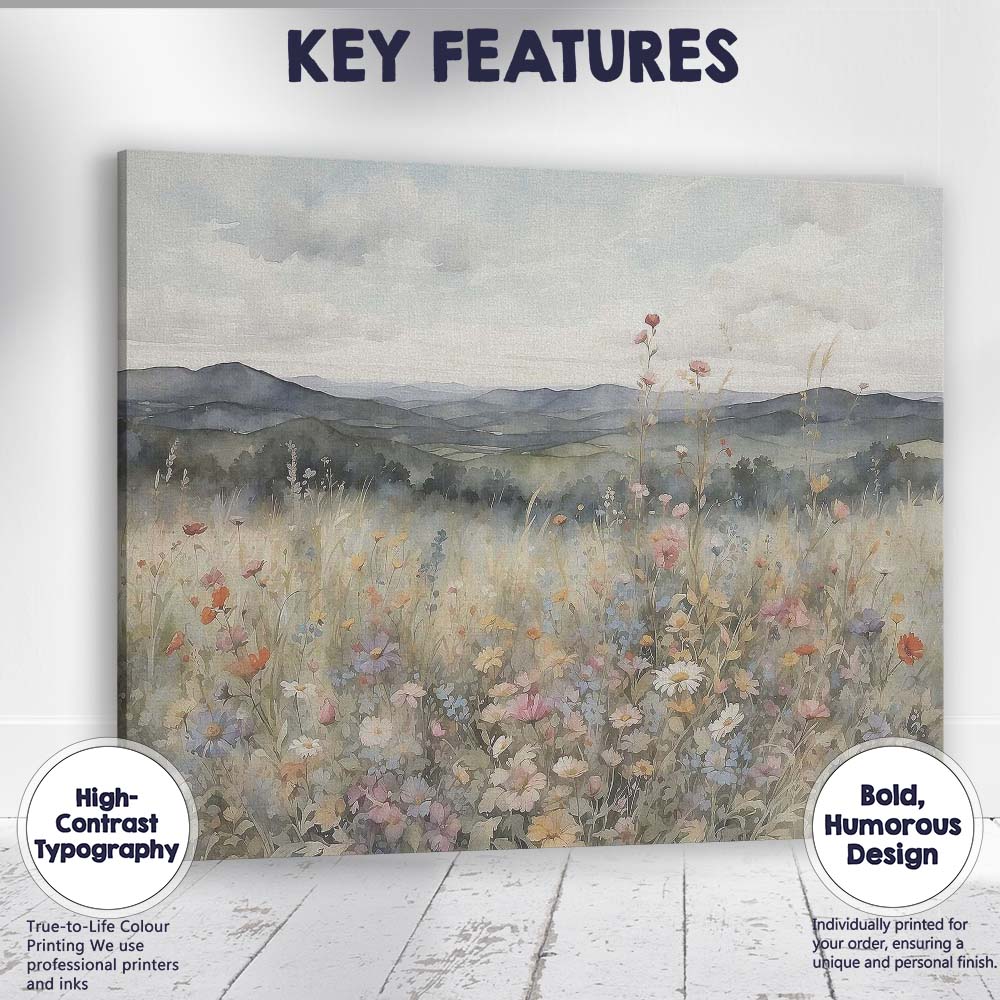 Watercolour Wildflower Field Rolling Hills Countryside Landscape Canvas Wall Art Print Decor Picture Ready to Hang