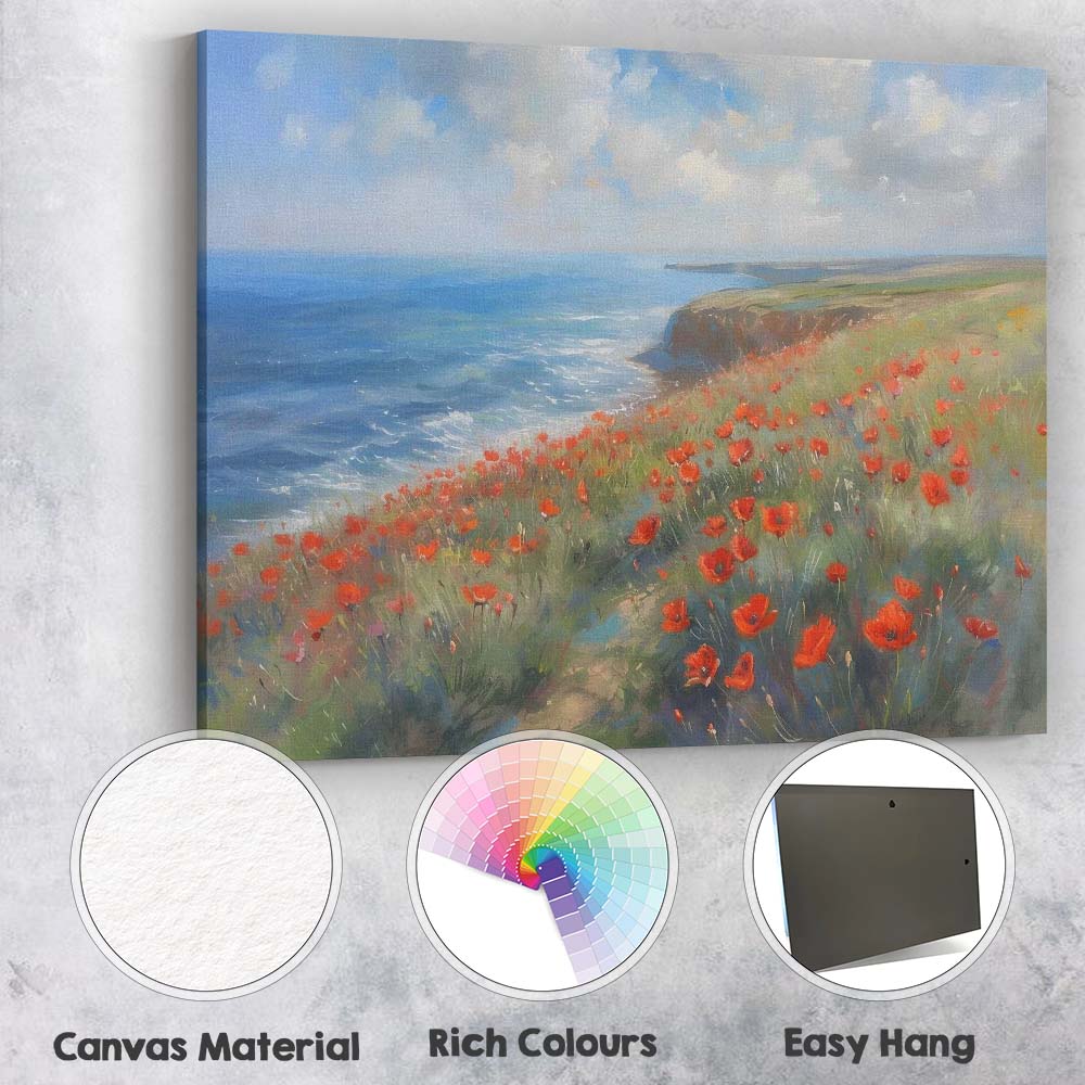 Impressionist Coastal Clifftop Red Poppy Seascape Landscape Canvas Wall Art Print Decor Picture Ready to Hang