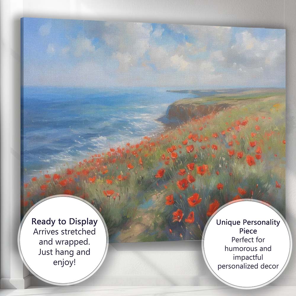 Impressionist Coastal Clifftop Red Poppy Seascape Landscape Canvas Wall Art Print Decor Picture Ready to Hang