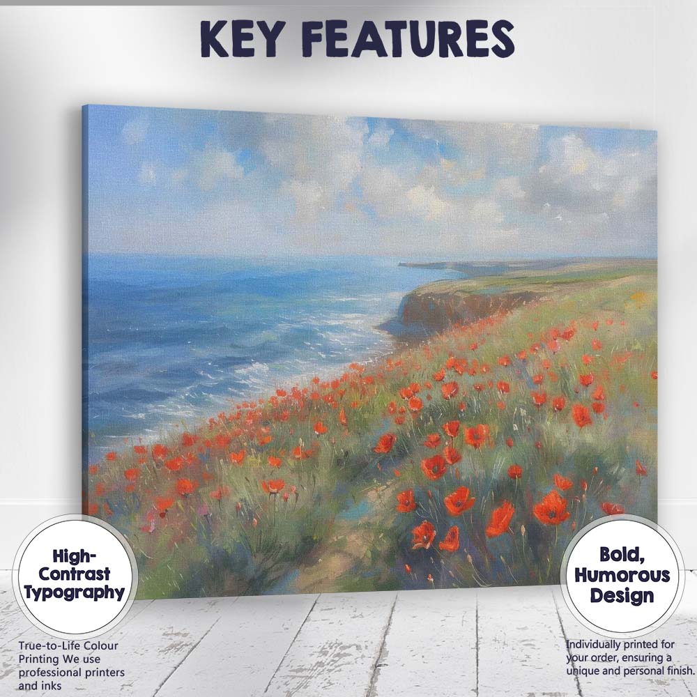 Impressionist Coastal Clifftop Red Poppy Seascape Landscape Canvas Wall Art Print Decor Picture Ready to Hang