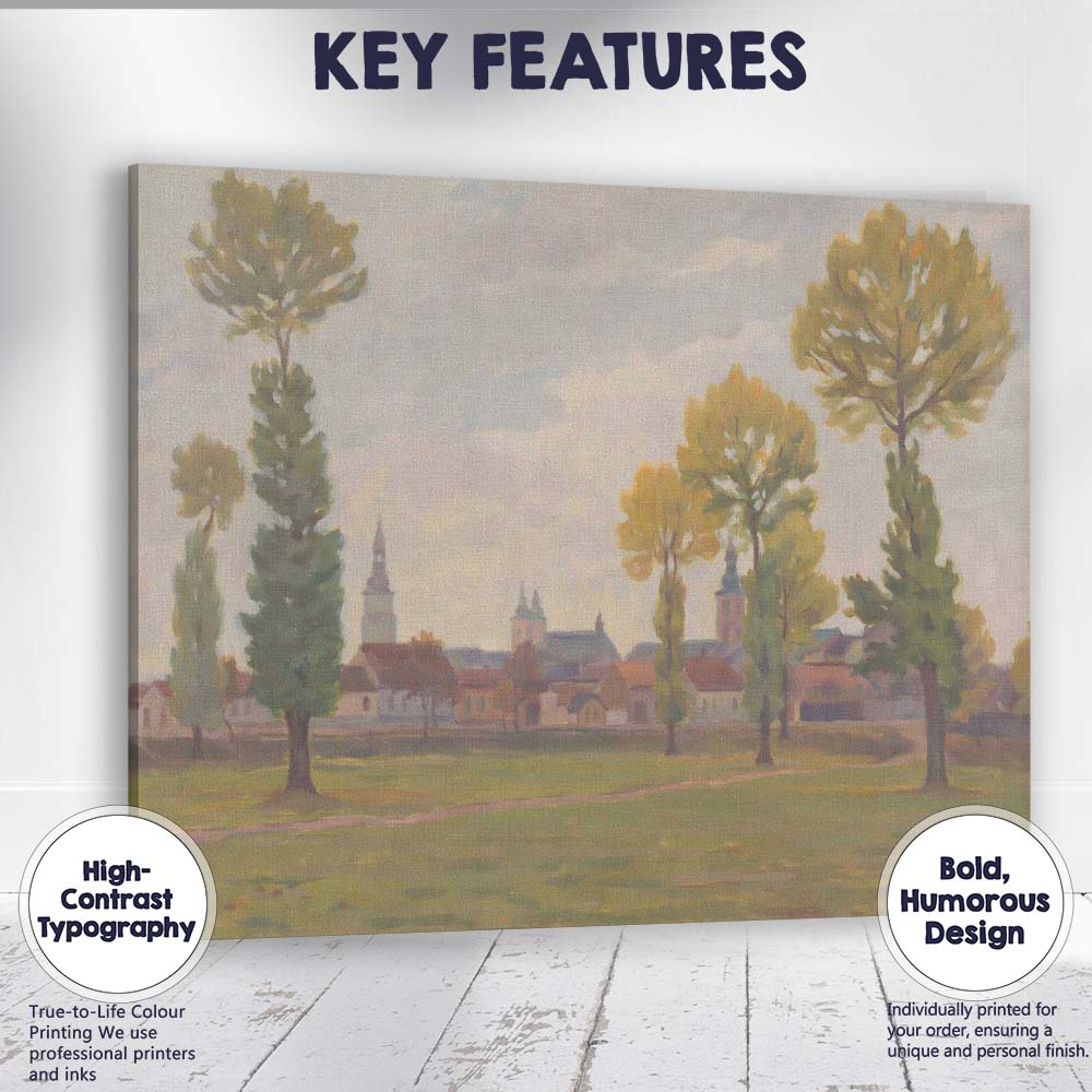 Soft Impressionist Village Skyline Tall Trees Landscape Canvas Wall Art Print Decor Picture Ready to Hang