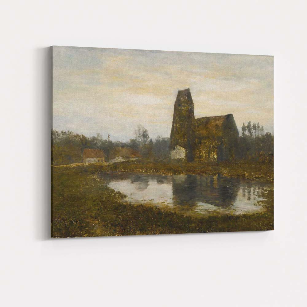 Traditional Rustic Countryside Church Riverside Landscape Oil Painting Canvas Wall Art Print Decor Picture Ready to Hang